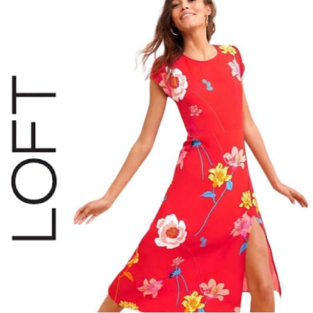 LOFT Orange Red Lily Floral Cap Sleeve Side Slit Midi Dress SMALL - Picture 3 of 16